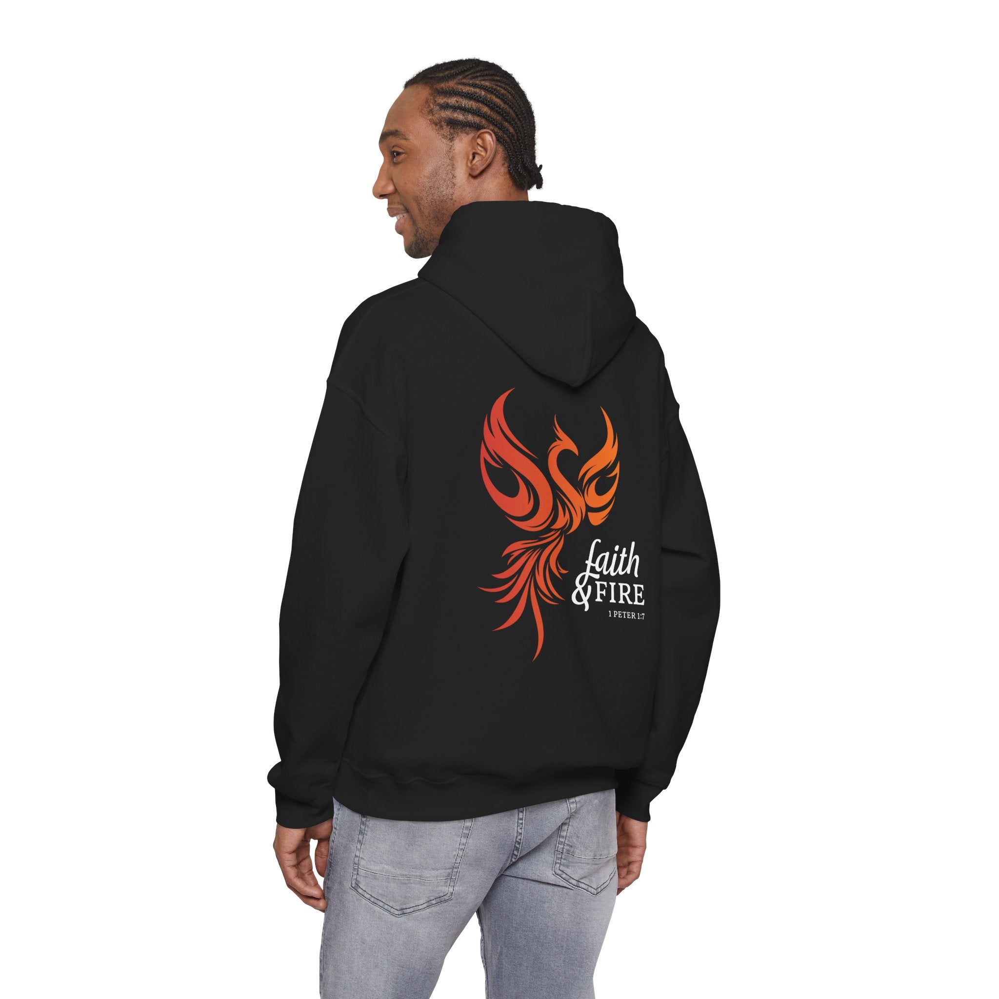Faith & Fire Hoodie — Christian Phoenix Graphic Pullover (1 Peter 3:12)