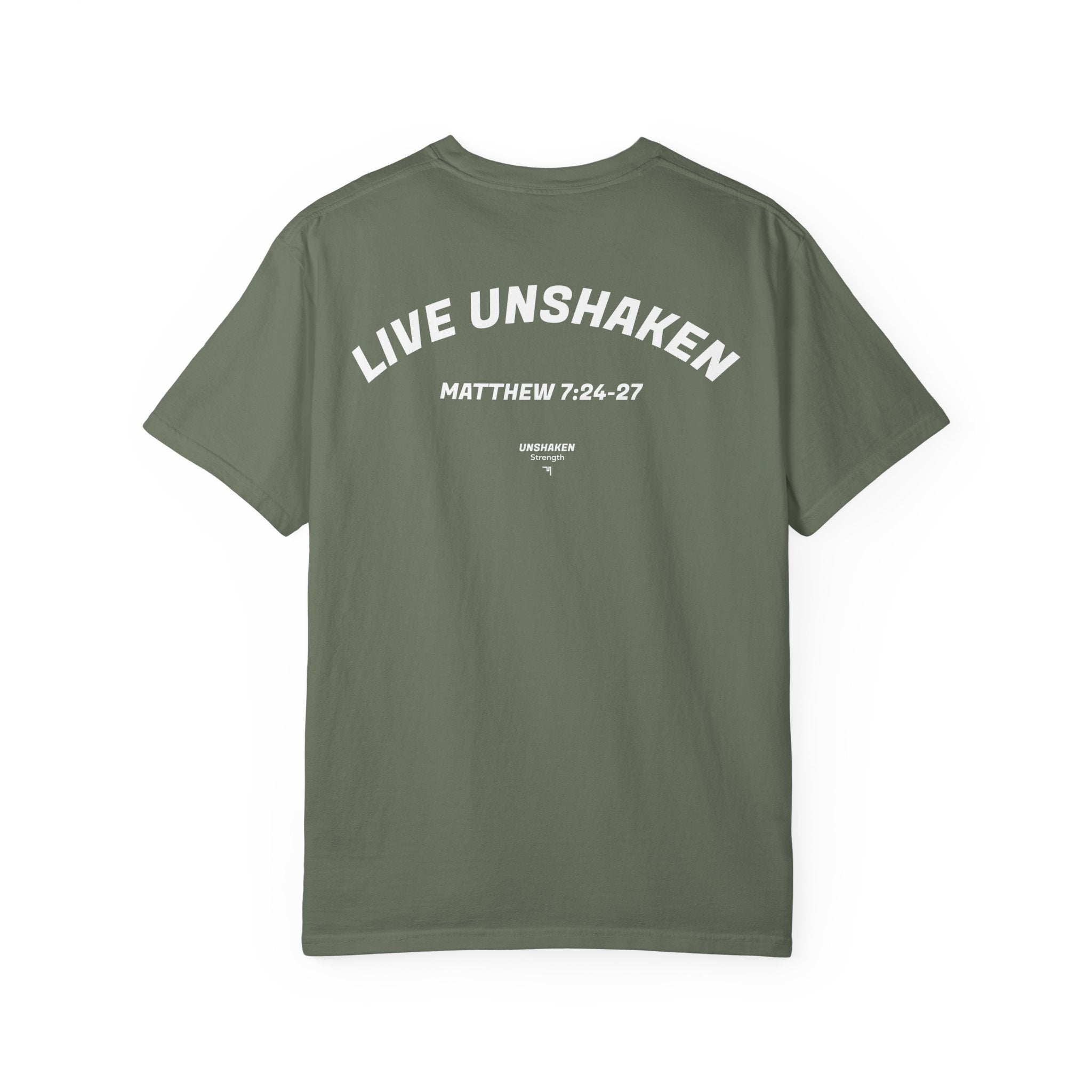 Live Unshaken T-Shirt — Christian Faith Graphic Tee (Matthew 7:24–27)