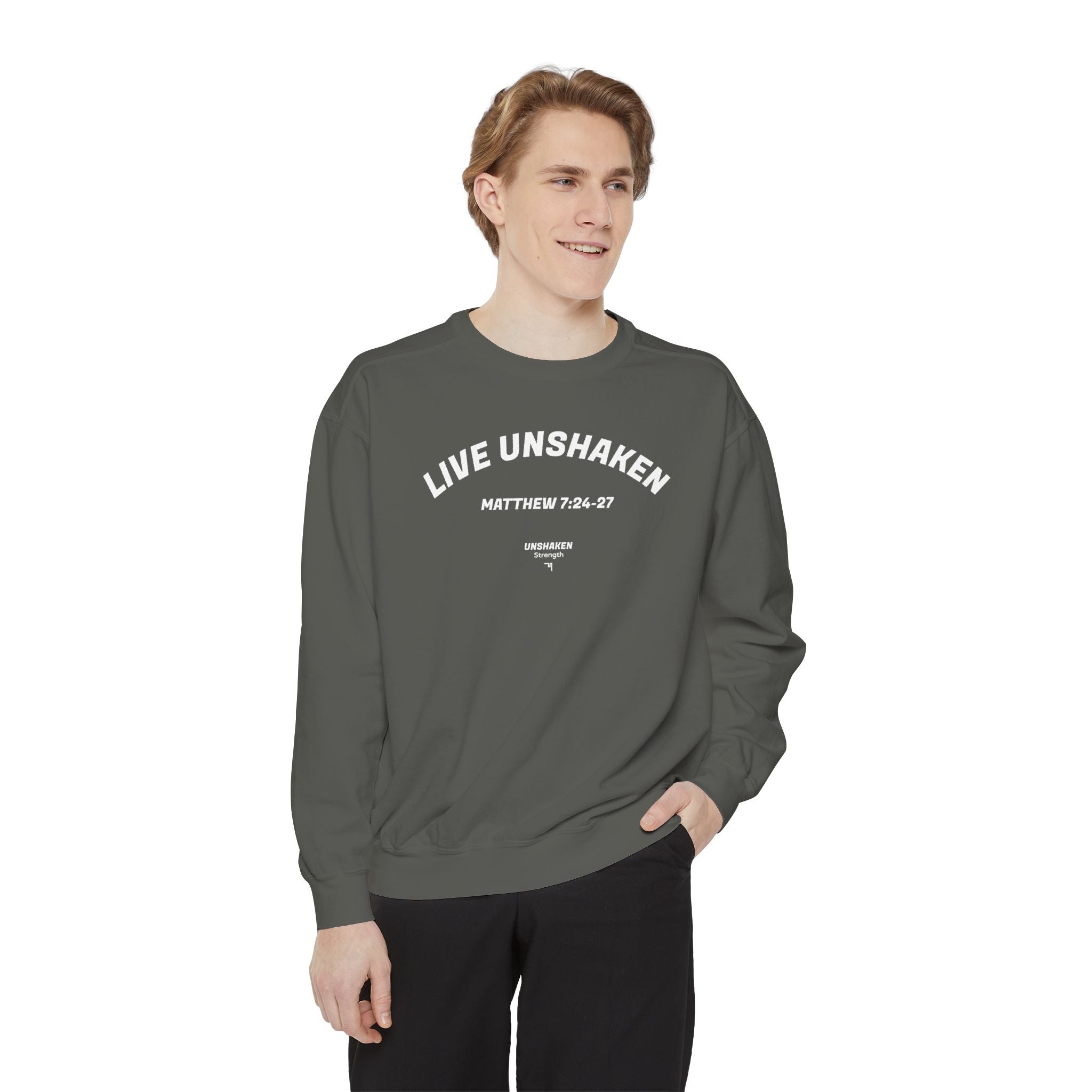 Live Unshaken Crew Neck Sweatshirt — Christian Faith  (Matthew 7:24–27)