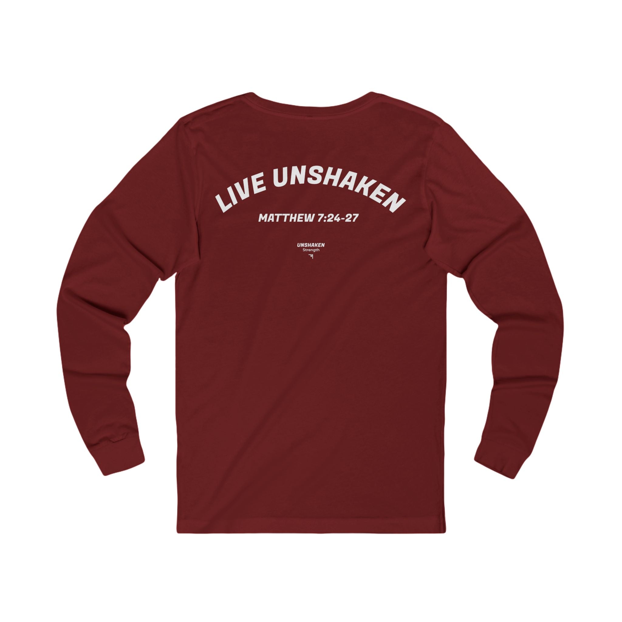 Women's Live Unshaken Long Sleeve T-Shirt — Christian Faith Graphic Tee (Matthew 7:24–27)