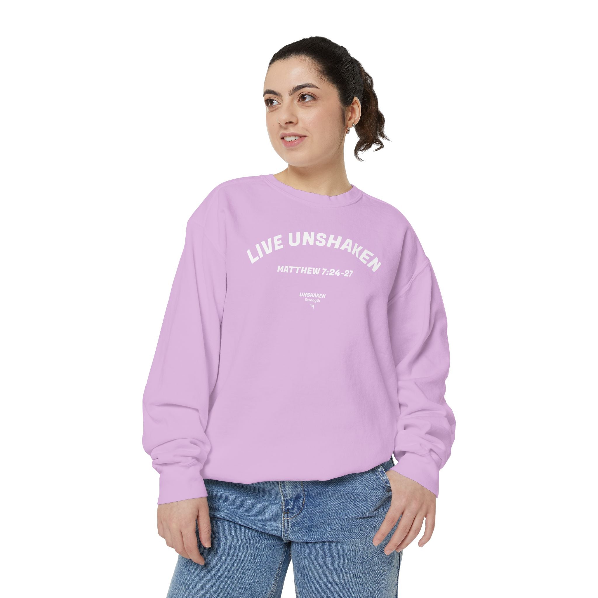 Live Unshaken Crew Neck Sweatshirt — Christian Faith  (Matthew 7:24–27)