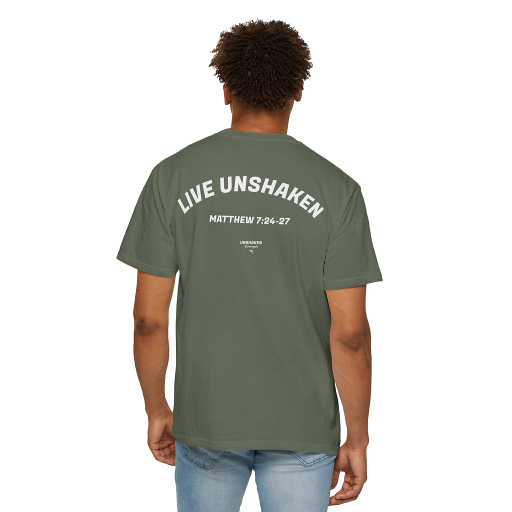 Live Unshaken T-Shirt — Christian Faith Graphic Tee (Matthew 7:24–27)