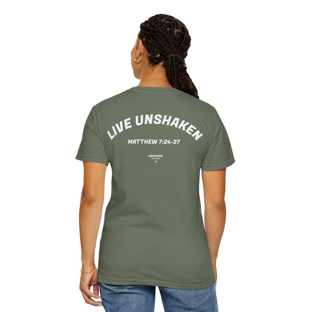 Live Unshaken T-Shirt — Christian Faith Graphic Tee (Matthew 7:24–27)