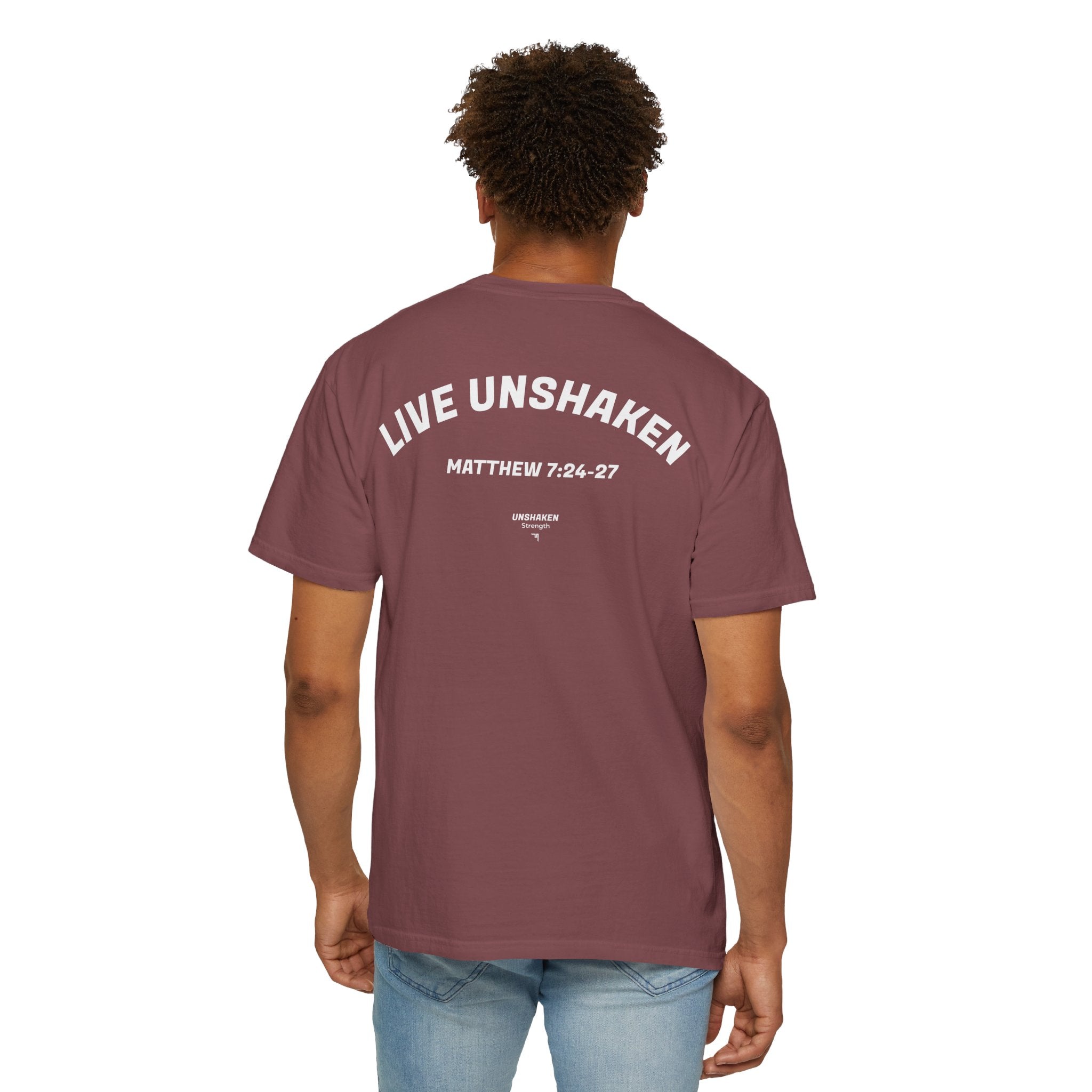 Live Unshaken T-Shirt — Christian Faith Graphic Tee (Matthew 7:24–27)