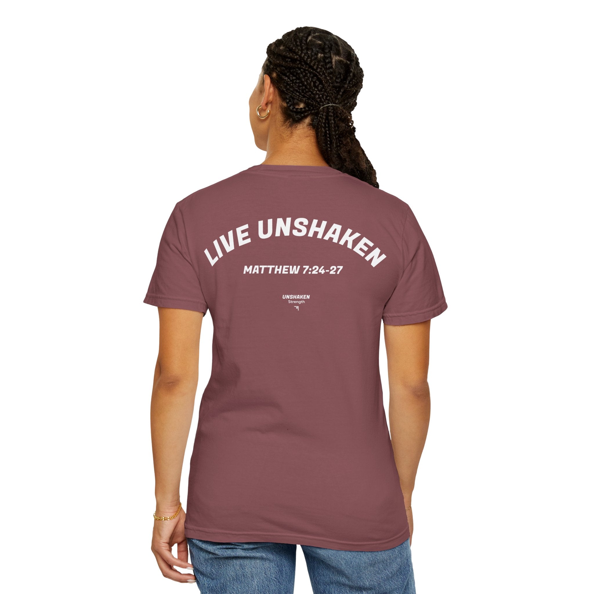 Live Unshaken T-Shirt — Christian Faith Graphic Tee (Matthew 7:24–27)