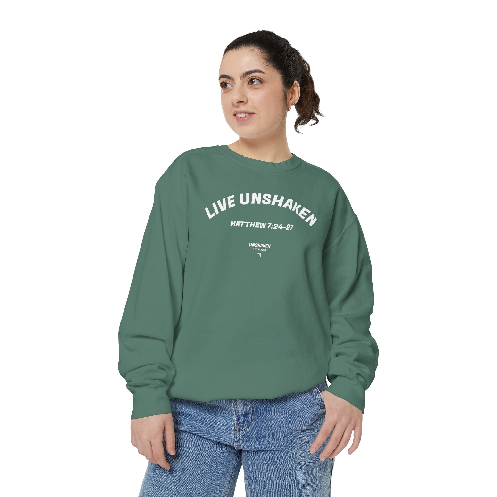 Live Unshaken Crew Neck Sweatshirt — Christian Faith  (Matthew 7:24–27)