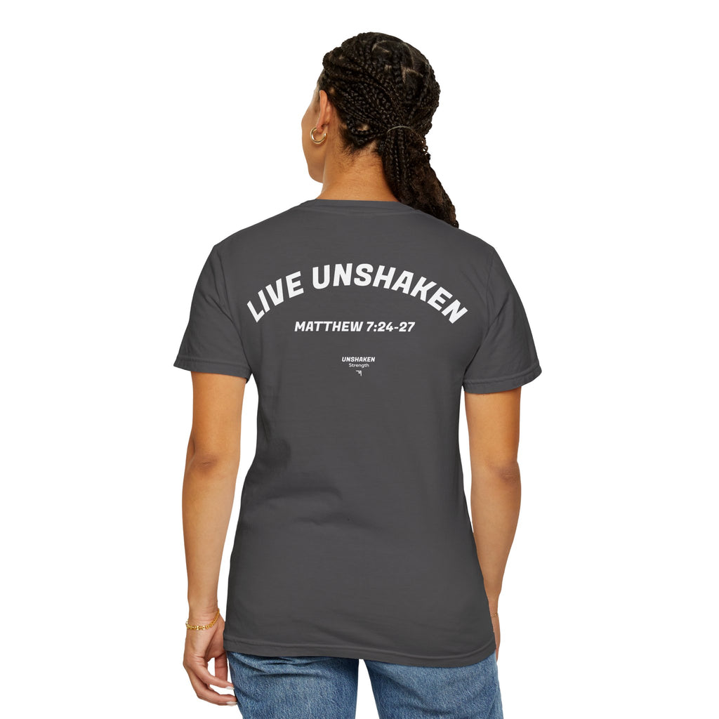 Live Unshaken T-Shirt — Christian Faith Graphic Tee (Matthew 7:24–27)