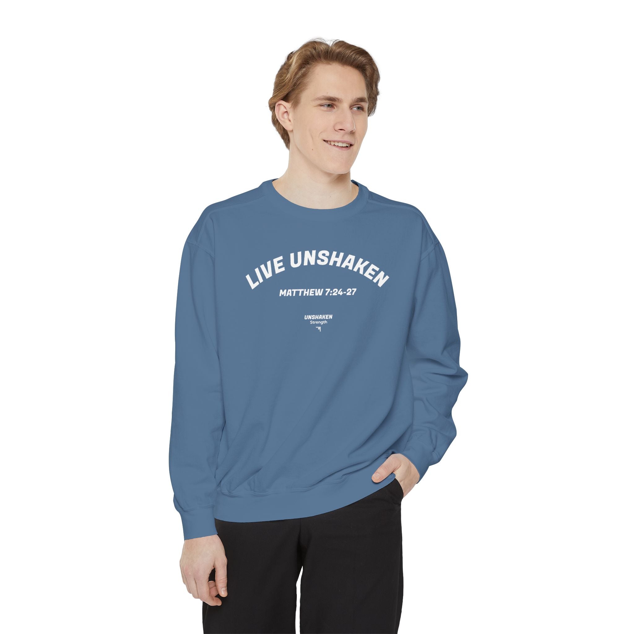 Live Unshaken Crew Neck Sweatshirt — Christian Faith  (Matthew 7:24–27)