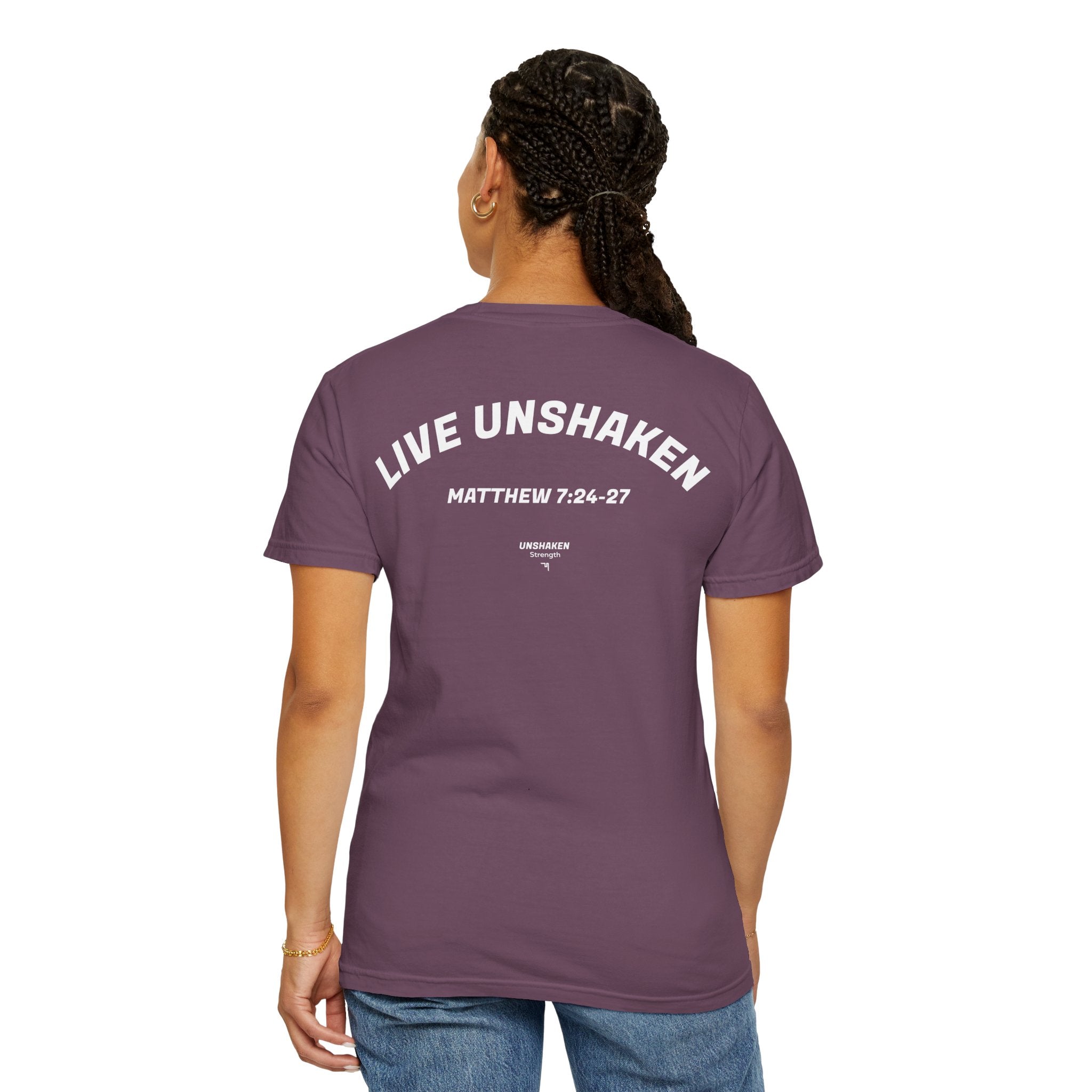 Live Unshaken T-Shirt — Christian Faith Graphic Tee (Matthew 7:24–27)