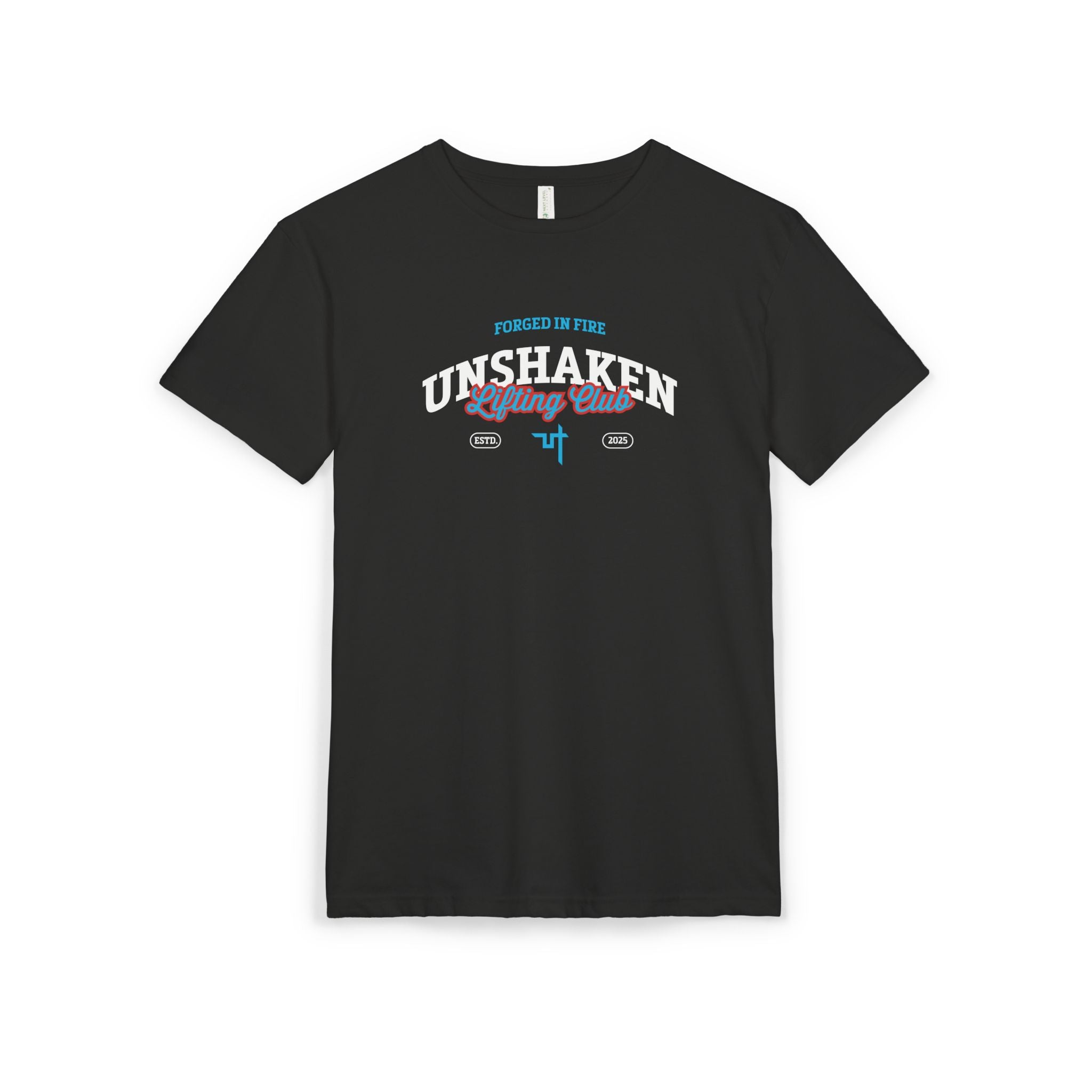 Black t-shirt with 'Unshaken Lifting Club' text and graphics on a white background
