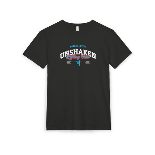 Black t-shirt with 'Unshaken Lifting Club' text and graphics on a white background