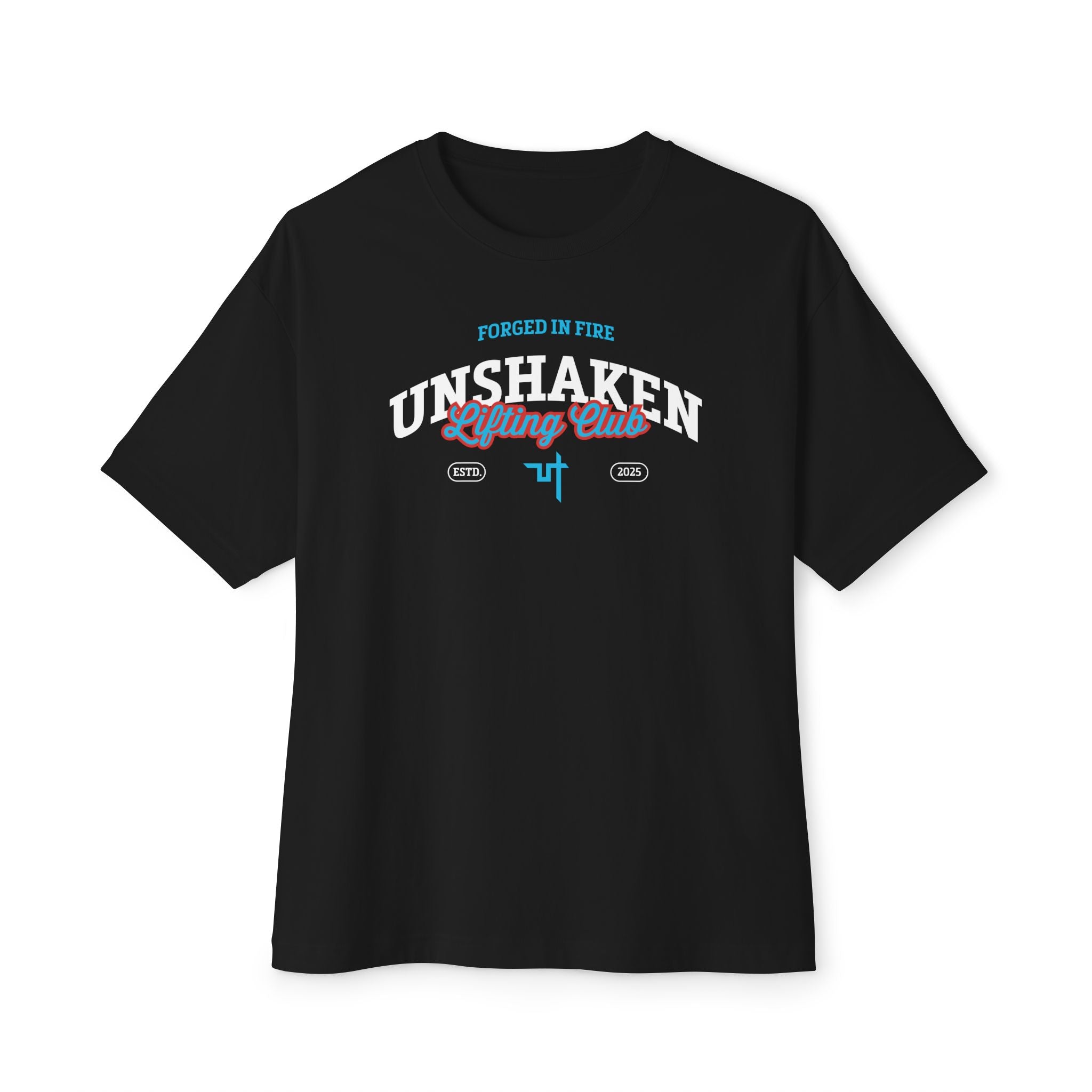 Black t-shirt with 'Unshaken Lifting Club' text on a white background