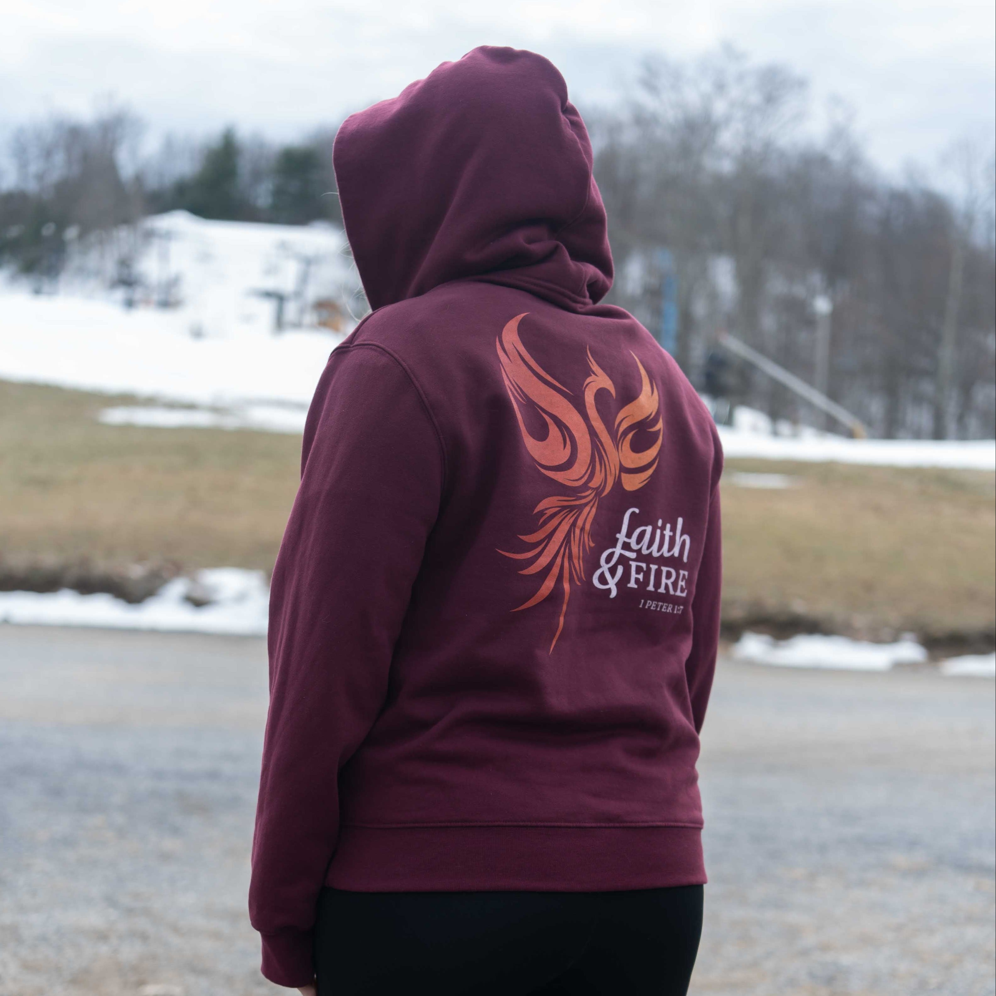 Christian activewear hoodie with Faith & Fire design