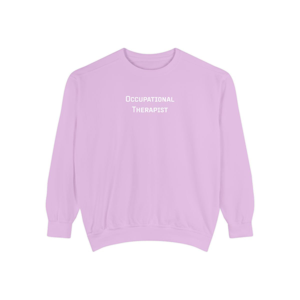 Purple sweatshirt with 'Occupational Therapist' text on a orchid background